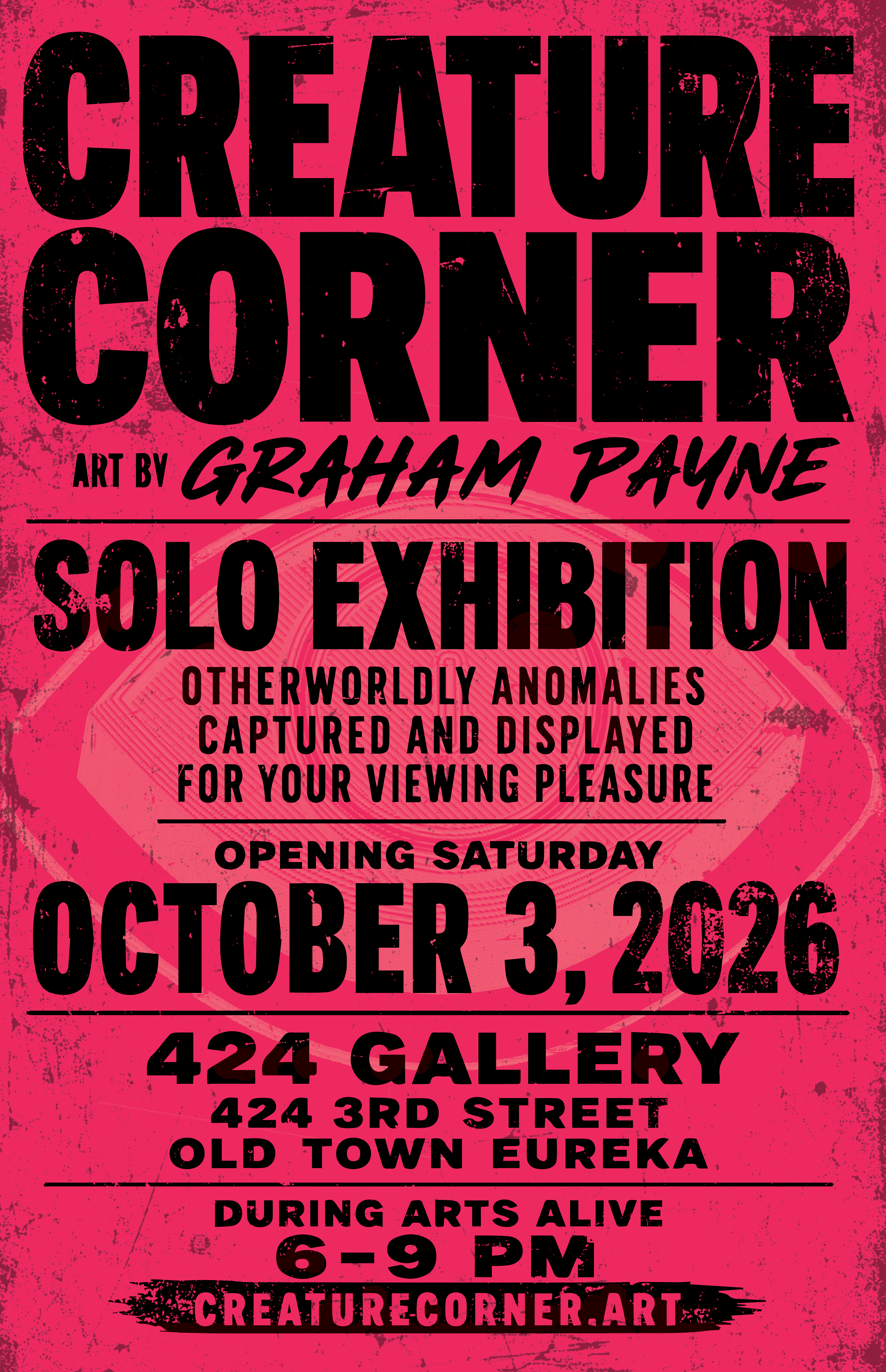 Creature Corner solo exhibition poster for October 3, 2026 at 424 Gallery in Old Town Eureka, California.